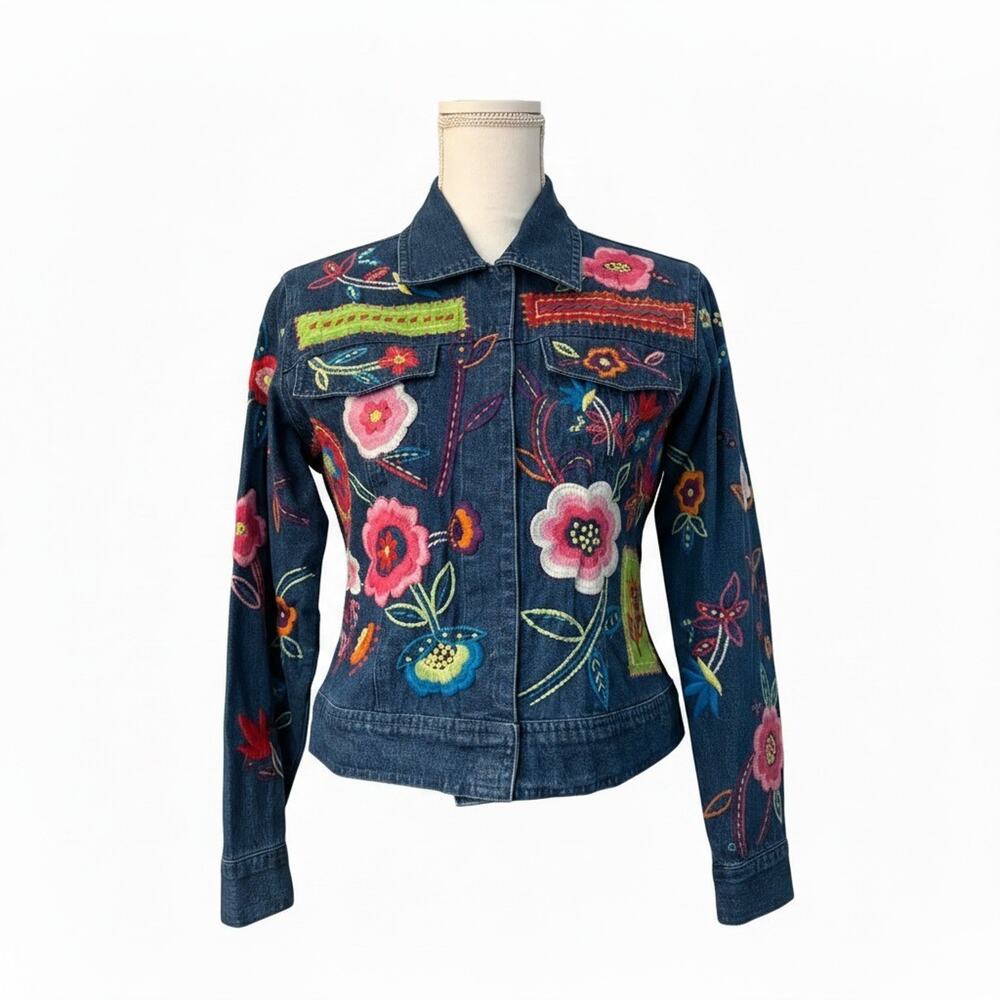 Vintage CARRIE ALLEN Size S Denim Jacket Floral Embroidery Cotton Causal